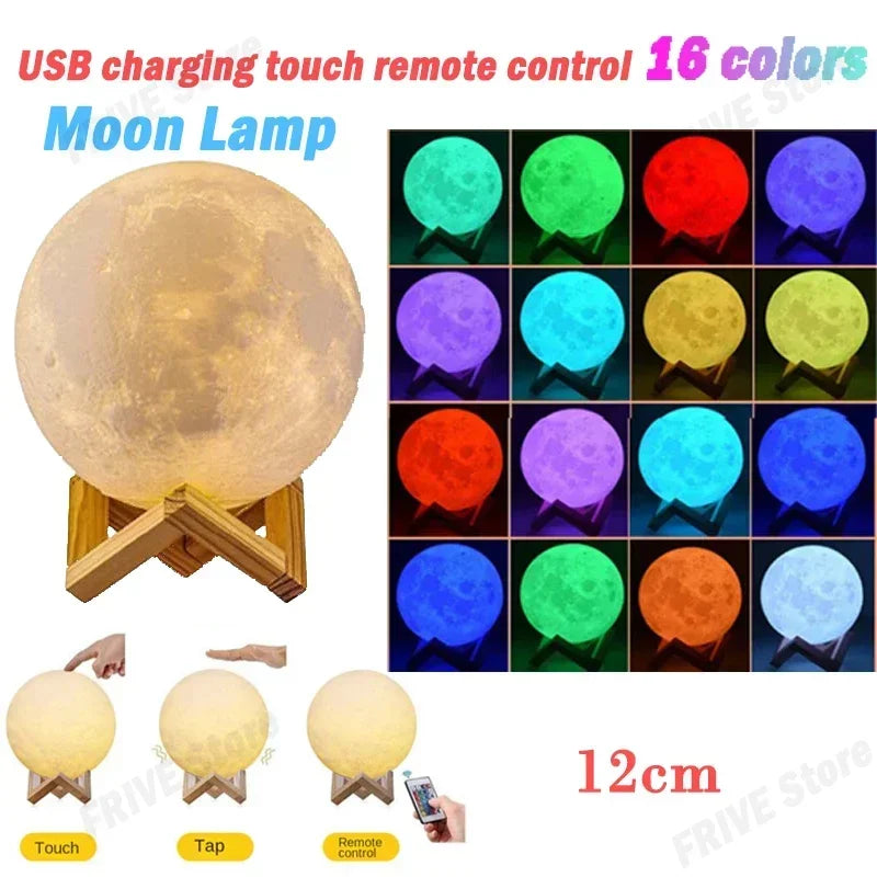 3D Printed Moon Lamp LED 16 Colors Rechargeable Night Light Touch The Moon Children's Night Light Home Decor Birthday Gifts