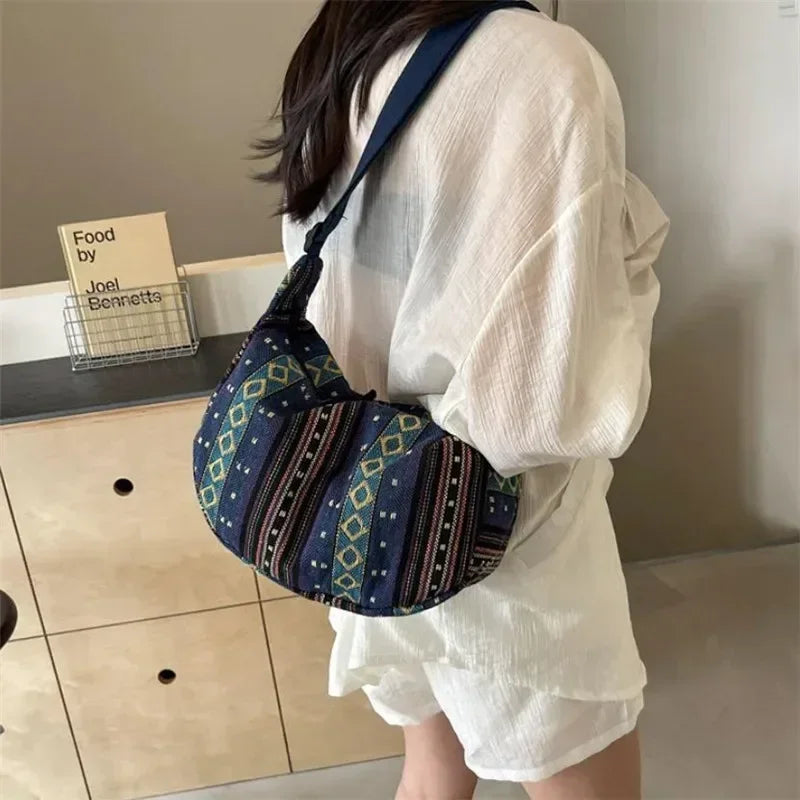Tribal Style Shoulder Bag, Foldable Crossbody with Zipper Closure, Striped Pattern, Edge Painted Lining
