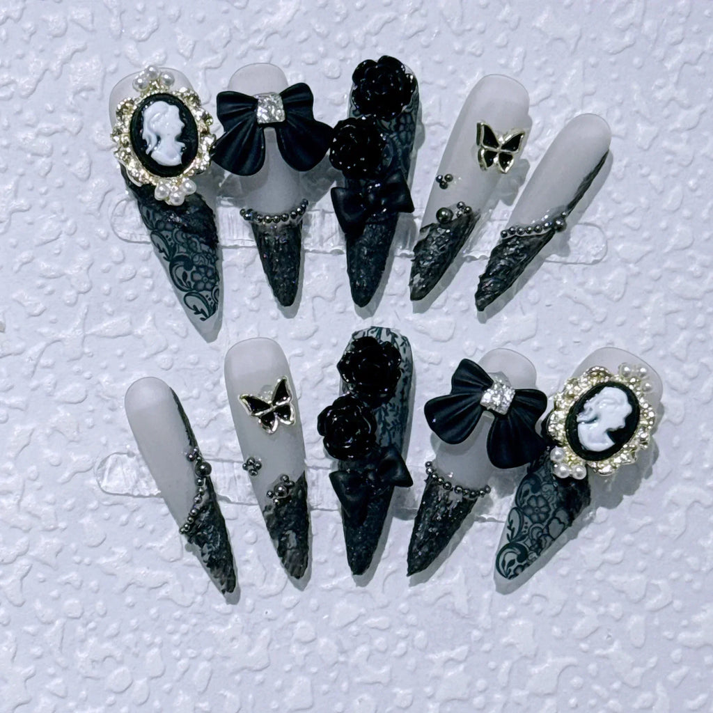 10pc Detachable Long Stilette Ballet False Nails with Butterfly Camellia Design Y2k Hot Girl Full Cover Artificial Press on Nail