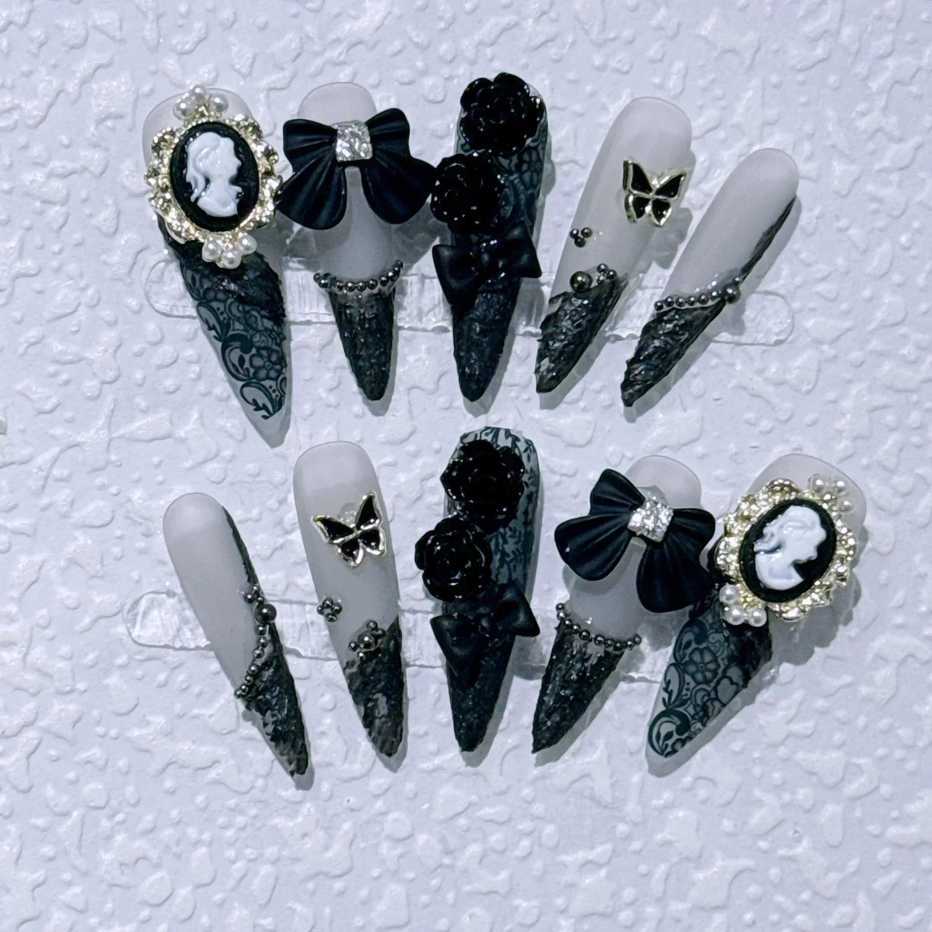 10pc Detachable Long Stilette Ballet False Nails with Butterfly Camellia Design Y2k Hot Girl Full Cover Artificial Press on Nail