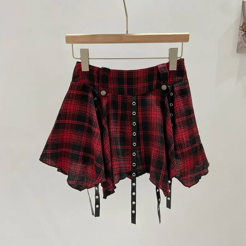 Asymmetrical Plaid Skirt with Straps High Waist Harajuku Mini Skirt Kpop Punk Gothic Red Black Tartan Skort Grunge Y2K Alt Girls