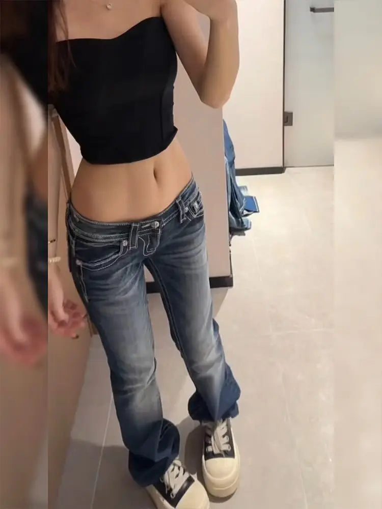 Women's Y2K Gothic Embroidery Hot Diamonds Denim Pants Harajuku Retro Hip Hop Low Waist Jeans Fashion Hot Girl Straight Jeans