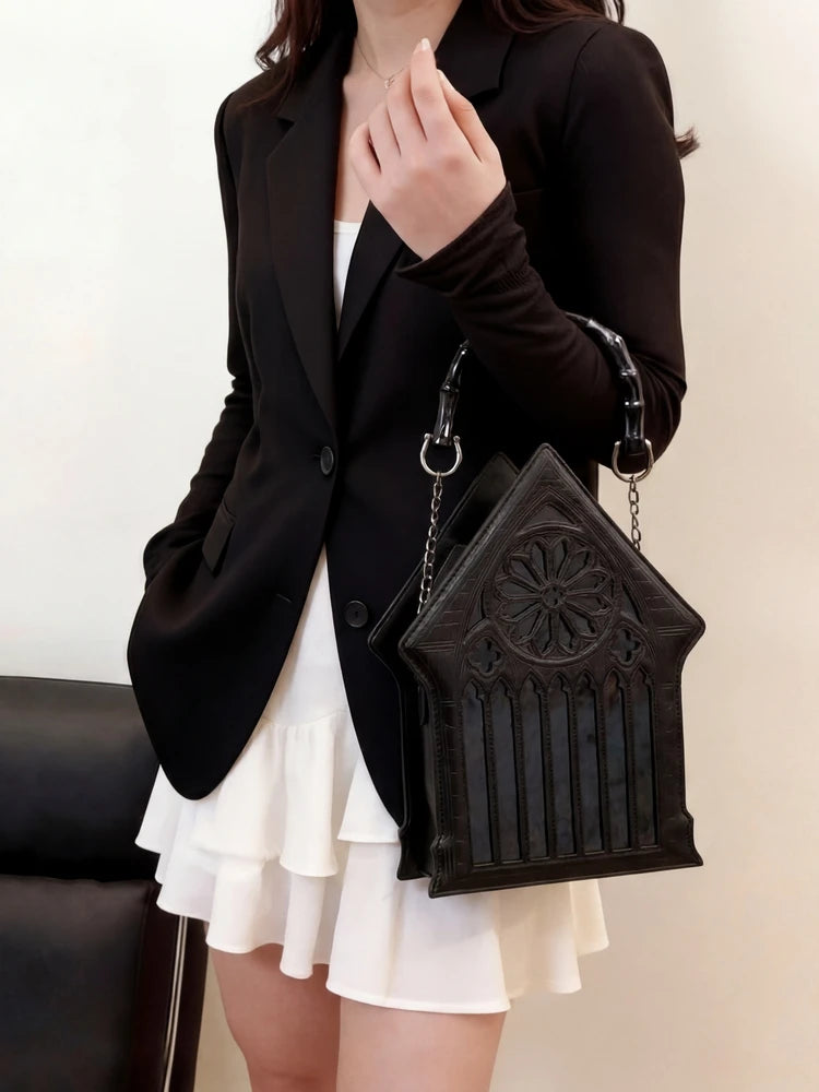 Niche Gothic Chapel Handbag for Women Unique Stained Glass Cathedral Tote Bag Bamboo Crossbody Bag for Dark Grunge Aesthetic