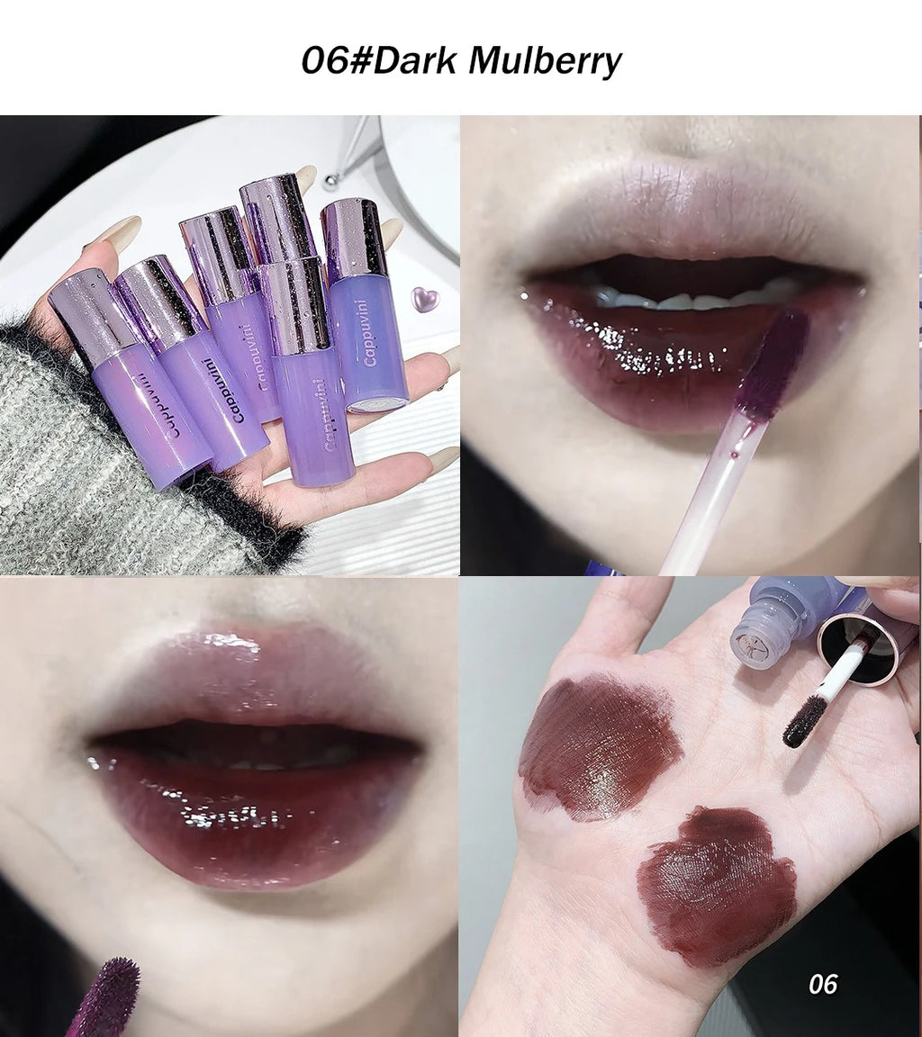 Water Light Lip Gloss Purple Mulberry Mirror Glass Lip Glaze Moisturizing Plump Lip Non Stick Cup Waterproof Long Lasting Makeup