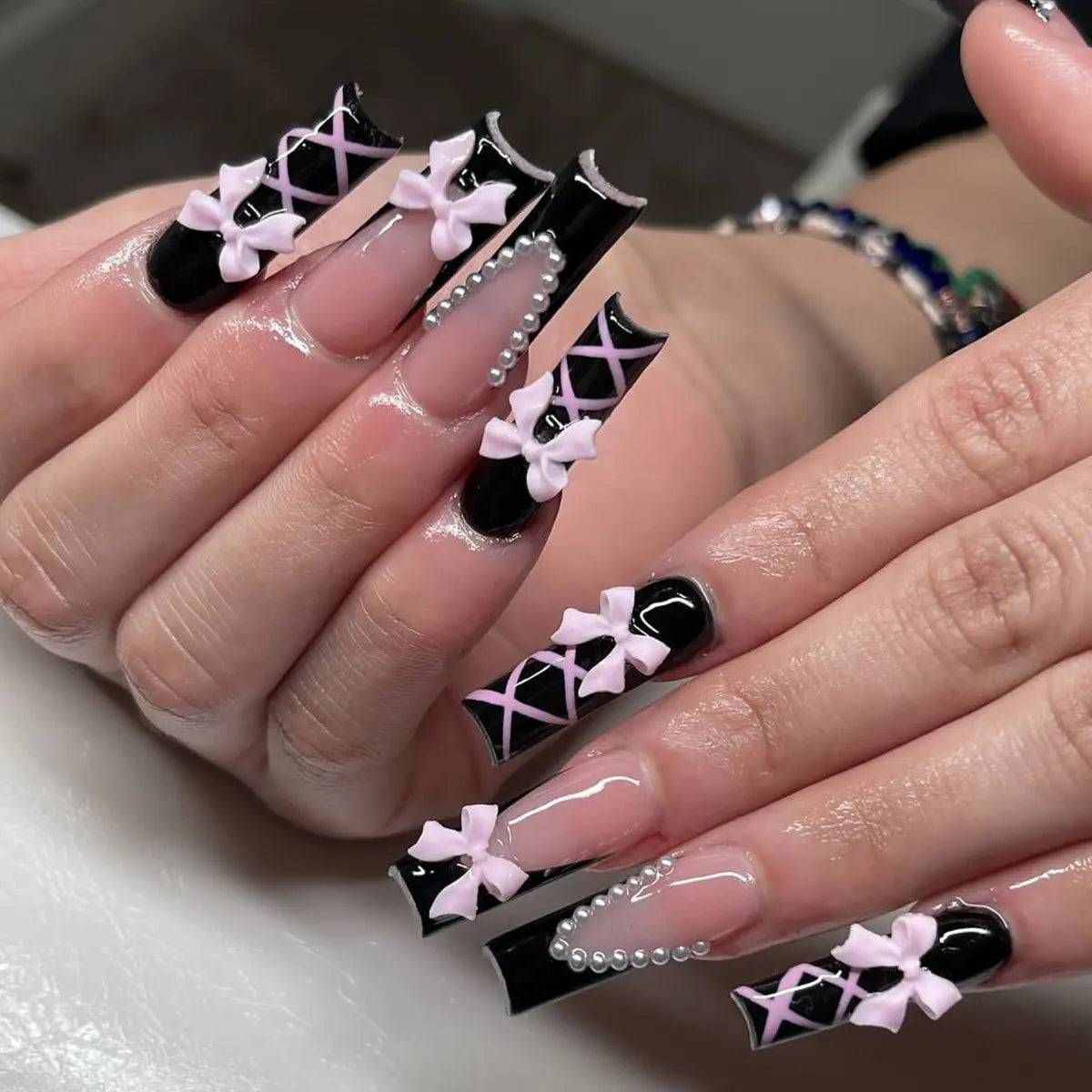 24Pcs Long Coffin French False Nails with Glue Bow Diamond Stick on Press on Acrylic Nails Black Ballerina Nail Art Manicure Tip