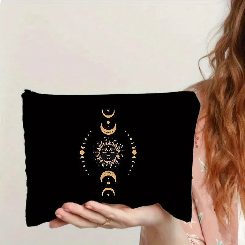 Gothic Moth Witchy Vibes Celestial Makeup Bag Durable Not Fade Zipper Pouch Lightweight Floral Sun and Moon Cosmetic Travel Bag