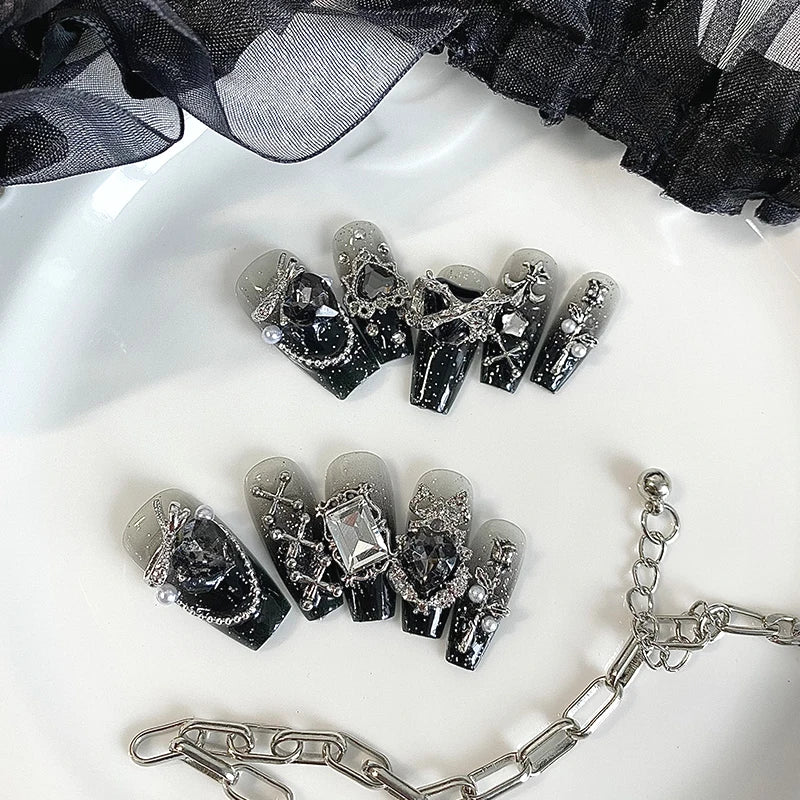 10 pieces of handmade coffin shaped nails, beautiful fake nails, dark gothic nail art, cool metal decoration, suitable for women