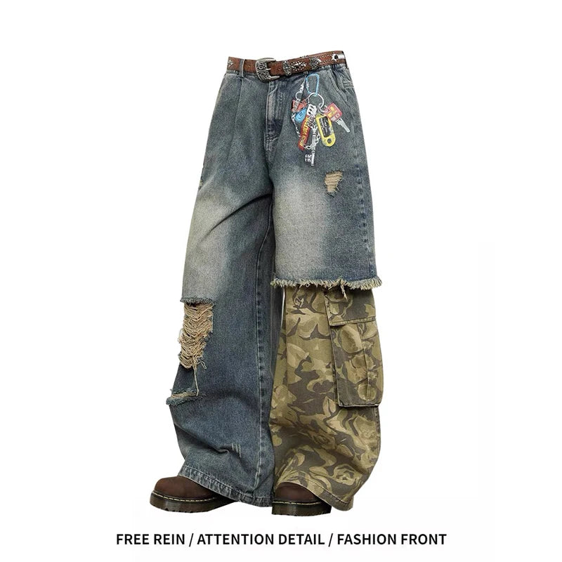 ZHIZOU Women Blue Gothic Baggy Y2k Jeans American Camouflage Ripped Jean Pants Vintage Harajuku Denim Trousers Clothes Spring