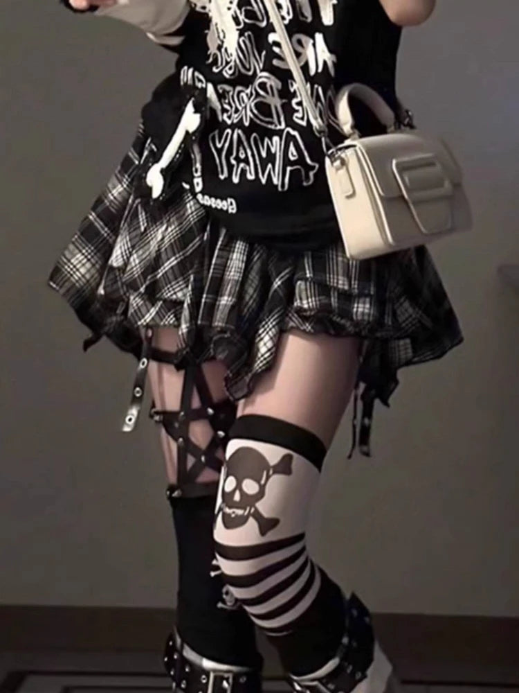 Asymmetrical Plaid Skirt with Straps High Waist Harajuku Mini Skirt Kpop Punk Gothic Red Black Tartan Skort Grunge Y2K Alt Girls