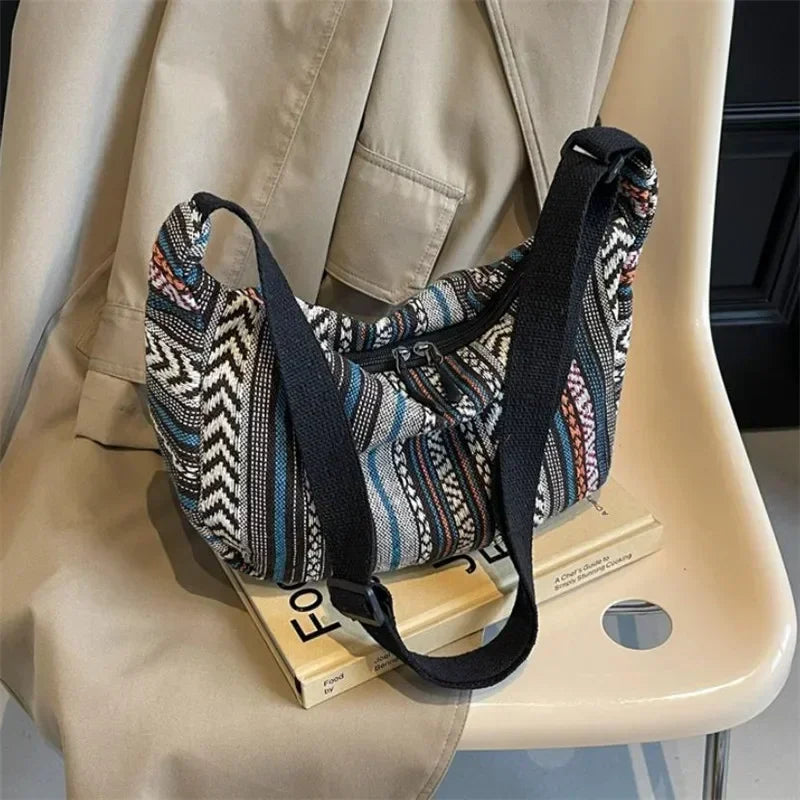 Tribal Style Shoulder Bag, Foldable Crossbody with Zipper Closure, Striped Pattern, Edge Painted Lining