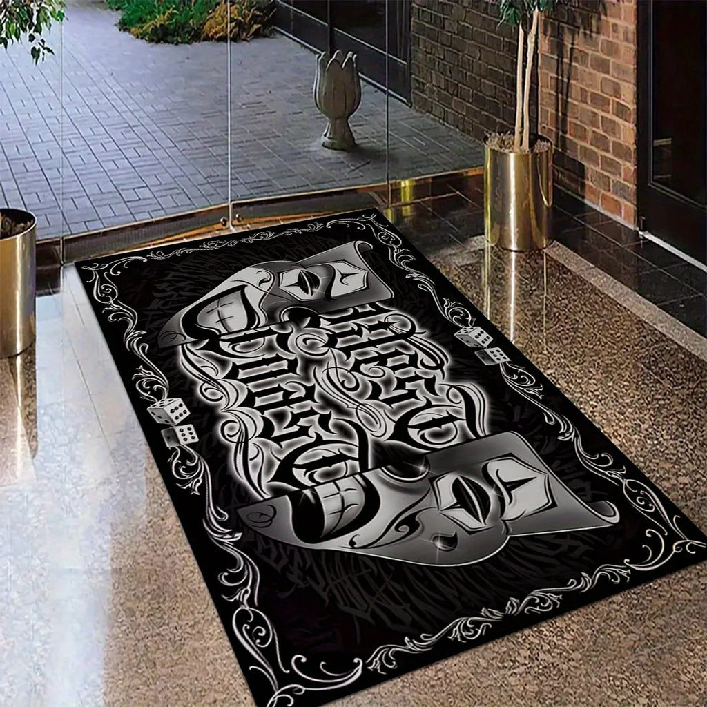 Streetwear Tattoo Letter Rug, Black and White Gothic Non-Slip Floor Mat for Bedroom & Living Room, Chic Dark Home Decor Carpet