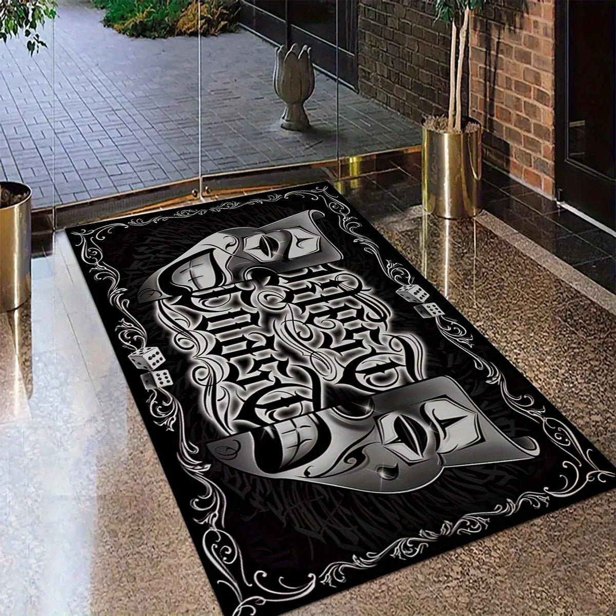 Streetwear Tattoo Letter Rug, Black and White Gothic Non-Slip Floor Mat for Bedroom & Living Room, Chic Dark Home Decor Carpet
