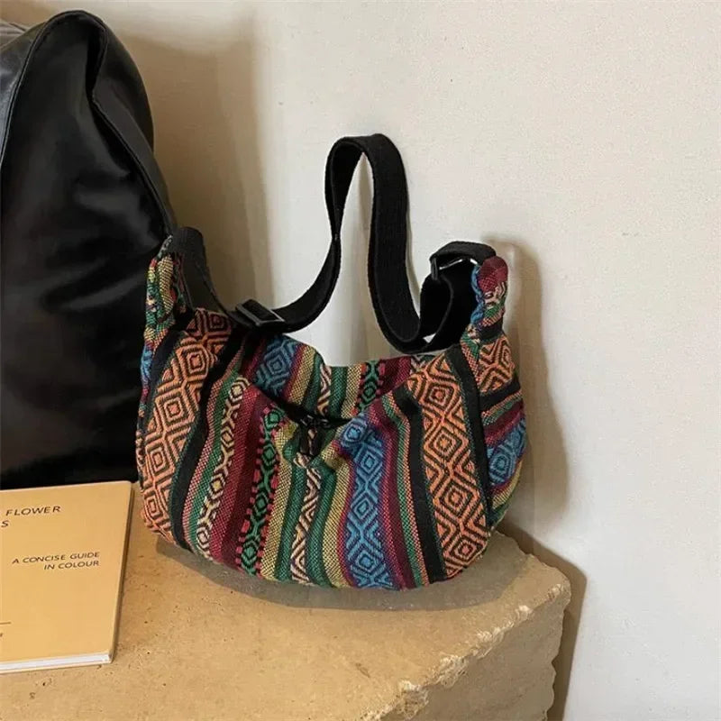 Tribal Style Shoulder Bag, Foldable Crossbody with Zipper Closure, Striped Pattern, Edge Painted Lining