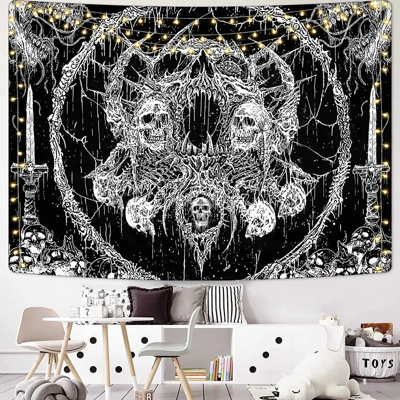 Gothic Skull Tapestry Black and White Skeleton Tapestry Wall Hanging for Bedroom Hippie Eyes Boho Home Decor Trippy Moon Cloth