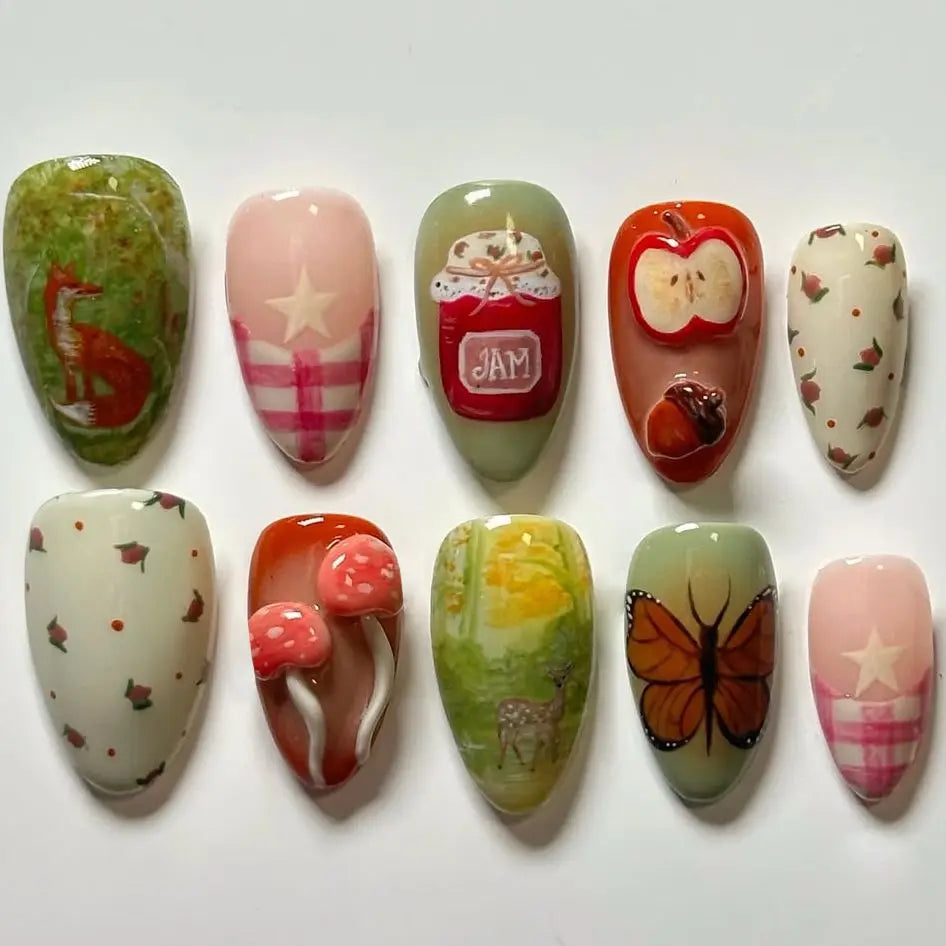 24pcs Vintage Country Style False Nails Cute Cartoon Little Lamb Rabbit Rose Printed Press On Nails Wave Point Bows Fake Nail