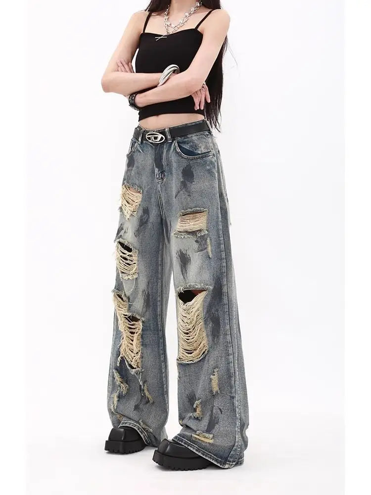 Oversize Blue Ripped Old Hot Girl Y2k American Retro High Waist Fashion Men And Women Hip Hop Straight Loose Wide Legs Jeans