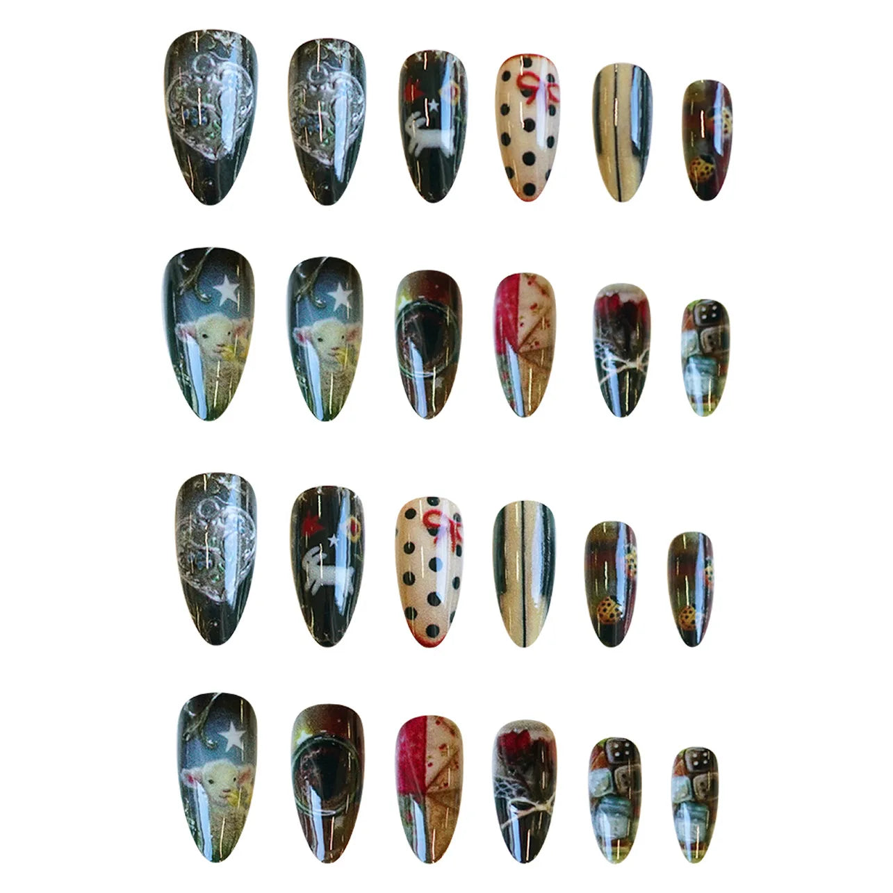 24pcs Vintage Country Style False Nails Cute Cartoon Little Lamb Rabbit Rose Printed Press On Nails Wave Point Bows Fake Nail