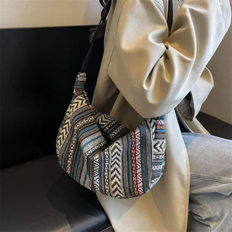 Tribal Style Shoulder Bag, Foldable Crossbody with Zipper Closure, Striped Pattern, Edge Painted Lining