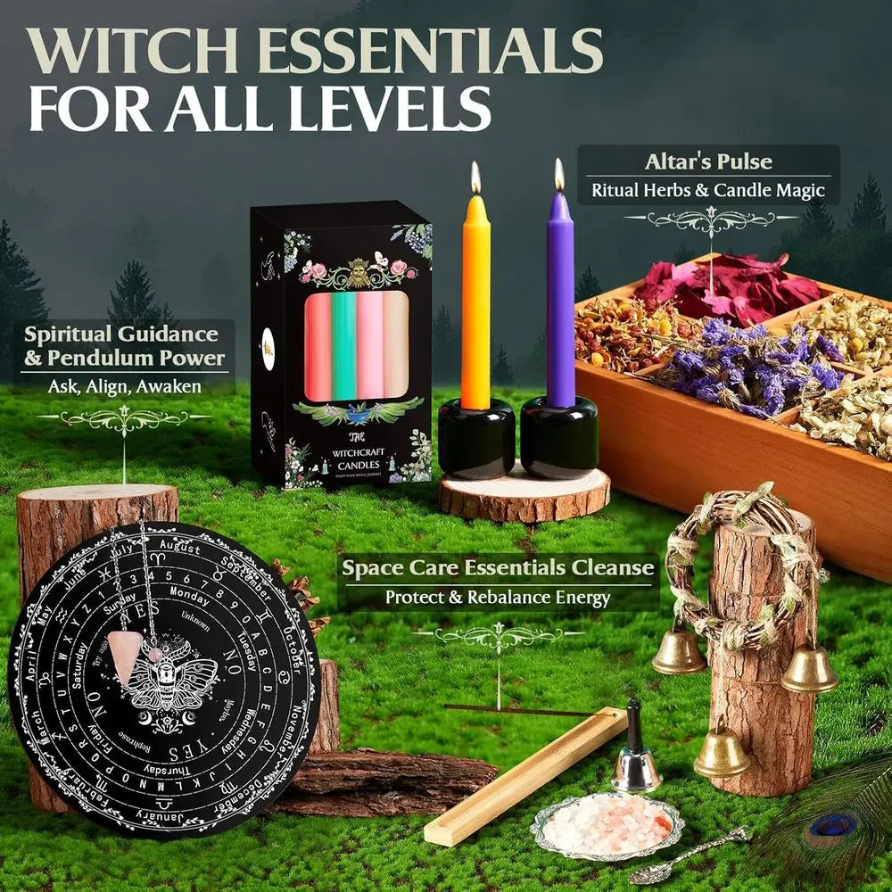Complete 150-Piece Wiccan Starter Kit: Herbs, Crystals, Candles, Altar Essentials for Witchcraft Beginners