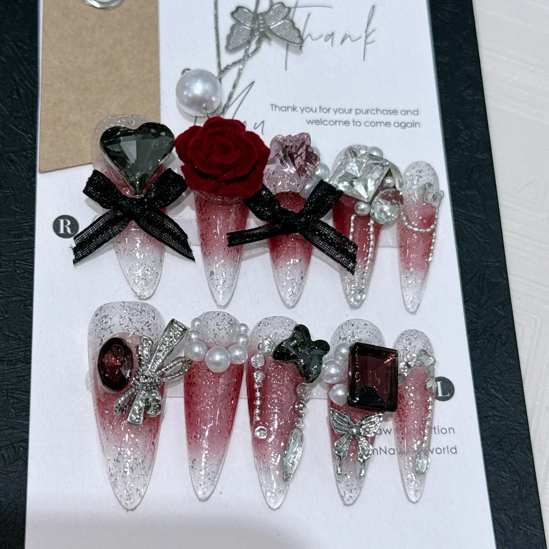 10pc Detachable Long Stilette Ballet False Nails with Butterfly Camellia Design Y2k Hot Girl Full Cover Artificial Press on Nail