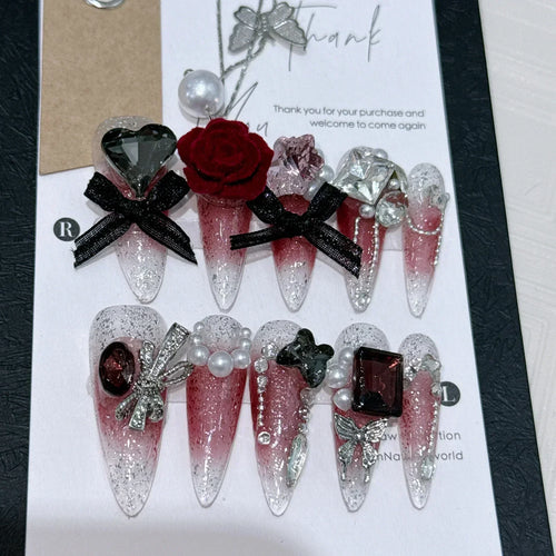 10pc Detachable Long Stilette Ballet False Nails with Butterfly Camellia Design Y2k Hot Girl Full Cover Artificial Press on Nail