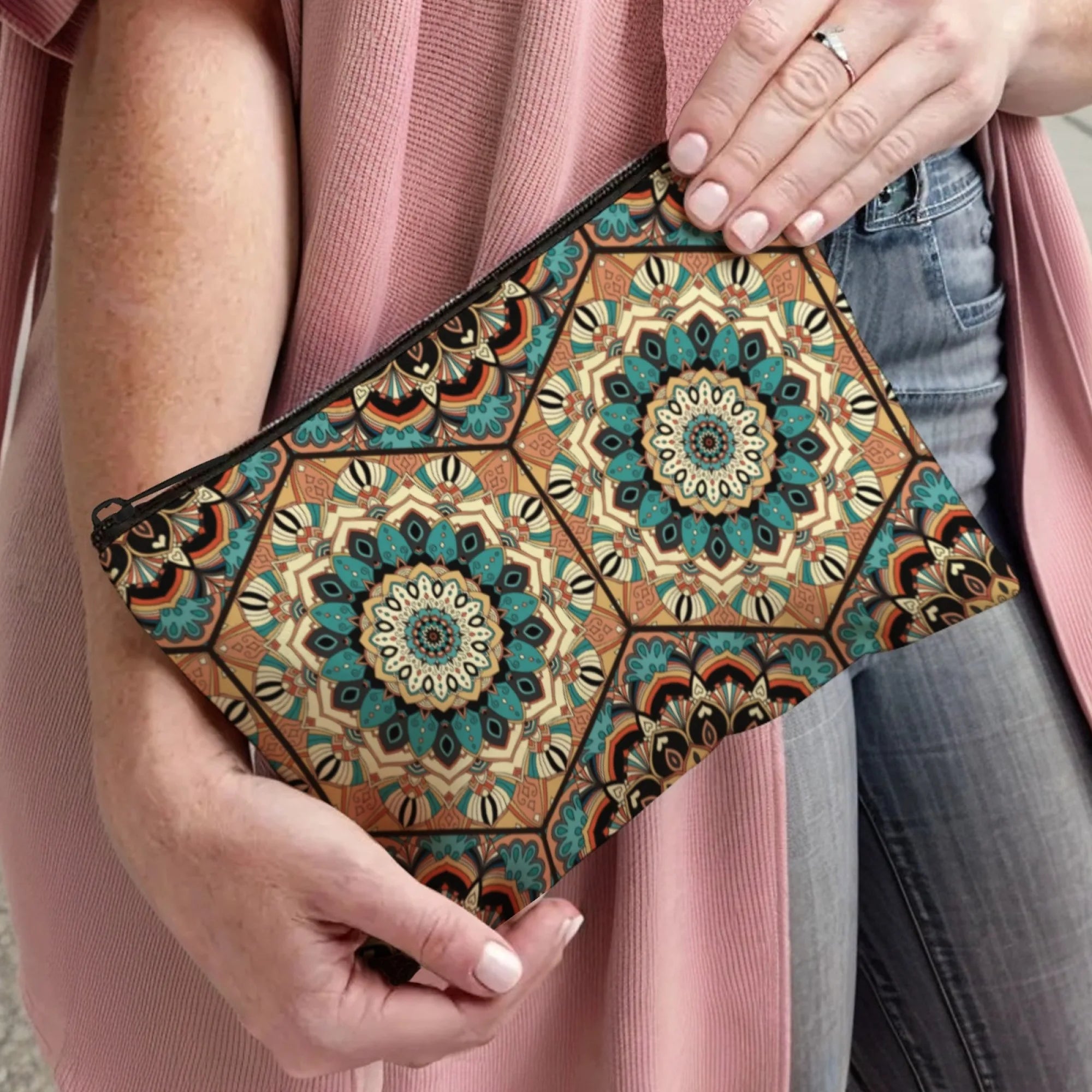 Ethnic Bohemia Art Mandala Zipper Pouch Cosmetic Bag Symmetrical Geometric Florals Blue Brown Beige Soft Canvas Zipper Closure