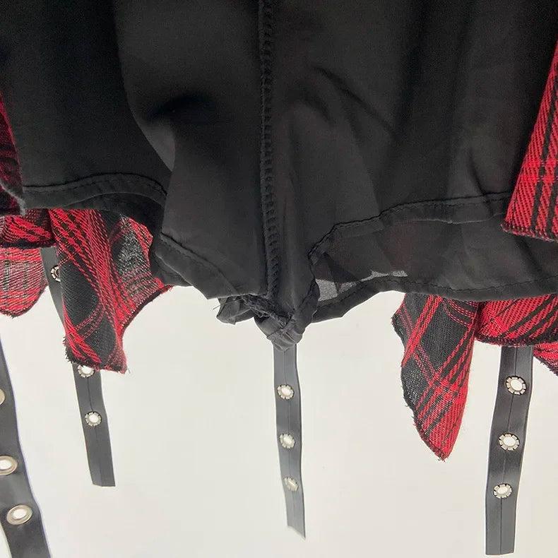 Asymmetrical Plaid Skirt with Straps High Waist Harajuku Mini Skirt Kpop Punk Gothic Red Black Tartan Skort Grunge Y2K Alt Girls