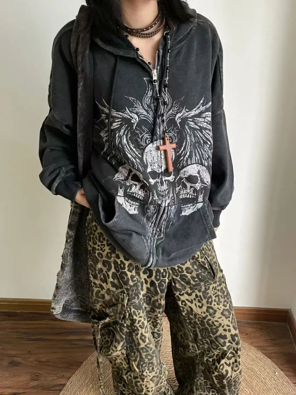 Y2K Mens Goth Style Designer Clothes Techwear Skull Print Cotton Hoodies Men Women Vintage Black Zip Up Hoodie Hooded Sweatshirt