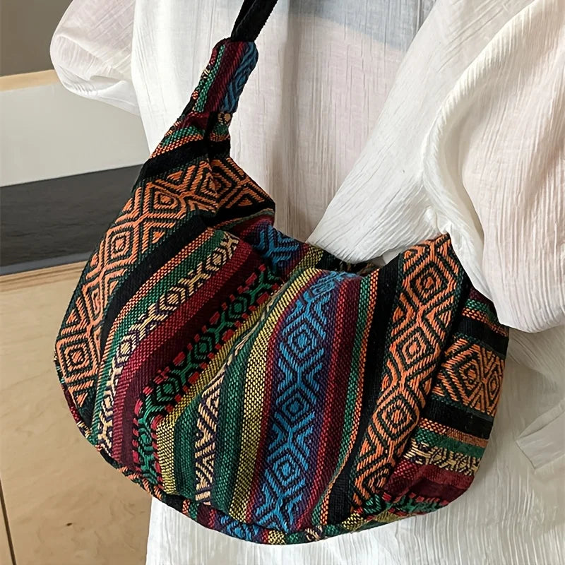 Tribal Style Shoulder Bag, Foldable Crossbody with Zipper Closure, Striped Pattern, Edge Painted Lining