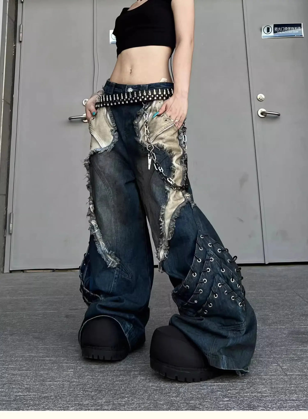 Vintage Patchwork Distressed Jeans Hip Hop Loose Wide Leg Cargo Pants Women's Washed Distressed Denim Trousers