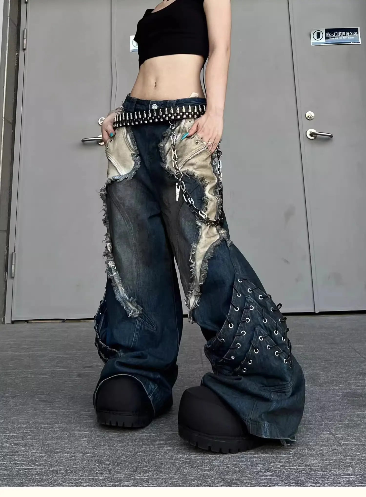Vintage Patchwork Distressed Jeans Hip Hop Loose Wide Leg Cargo Pants Women's Washed Distressed Denim Trousers