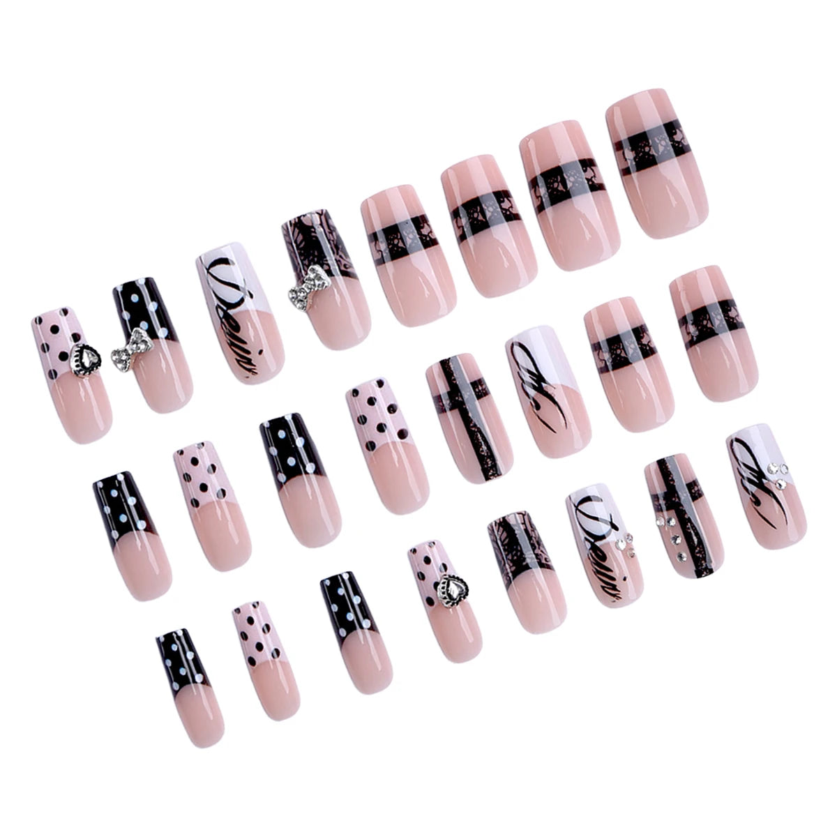 24pcs Mid-length Coffin False Nails Dark Metal Bows Heart Decor Black Gothic Style Press On Nails Polka Dot French Fake Nail