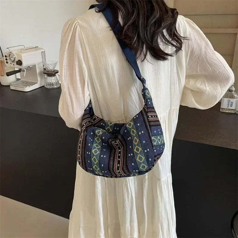 Tribal Style Shoulder Bag, Foldable Crossbody with Zipper Closure, Striped Pattern, Edge Painted Lining