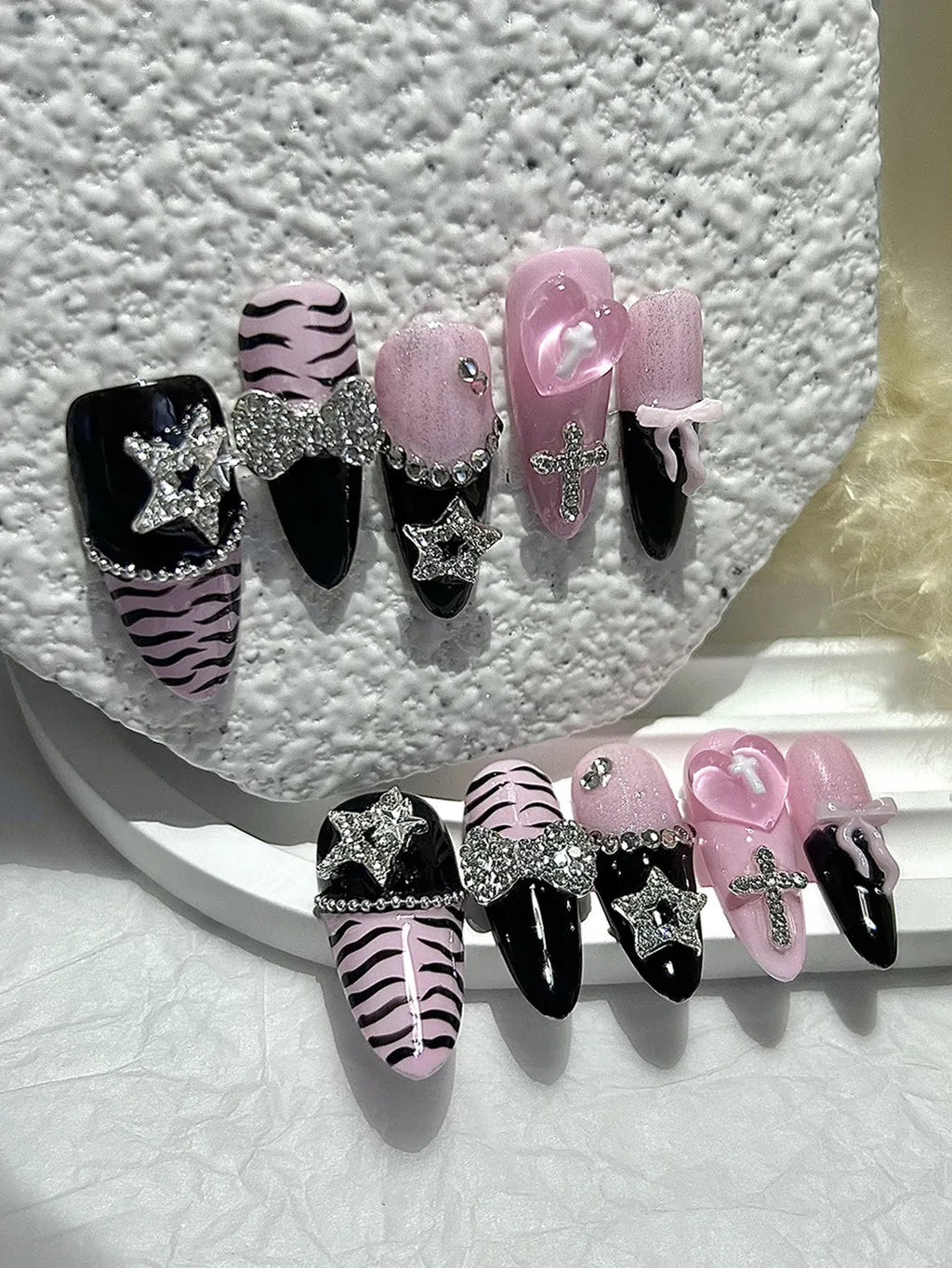 Y2K Baddie Gyaru Black Pink Long Tip French Press On Nails Jirai Nail 3D Bow Star Cross Love Zebra Print Yami Kawaii Fake Nails