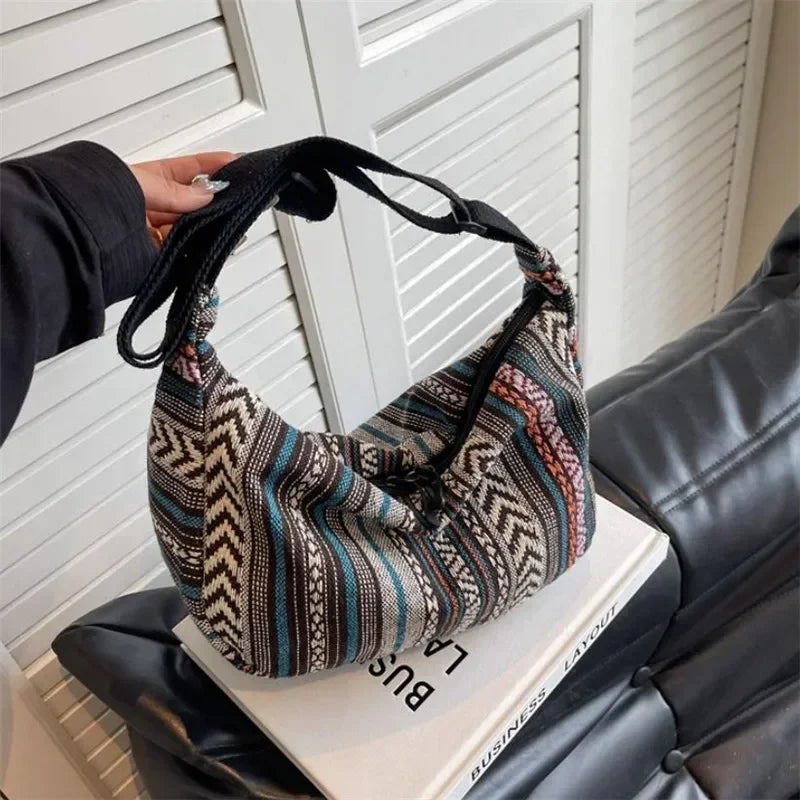 Tribal Style Shoulder Bag, Foldable Crossbody with Zipper Closure, Striped Pattern, Edge Painted Lining