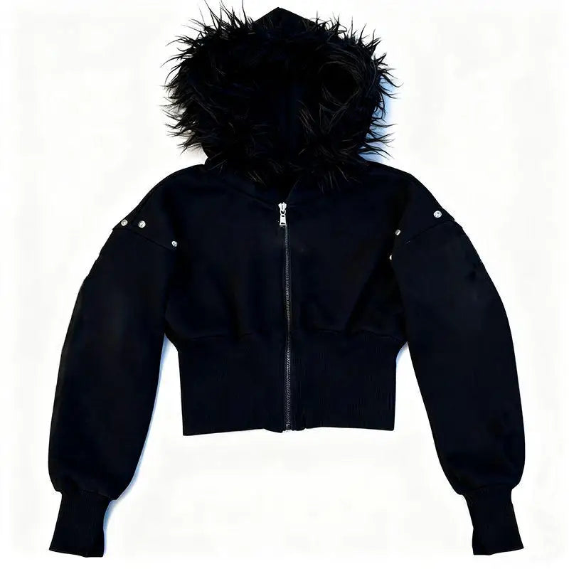 Y2K Spicy girl style plush hooded short zipper sweatshirt Studded white cropped Zip Hoodies personality Sweet Cool Zipper coat