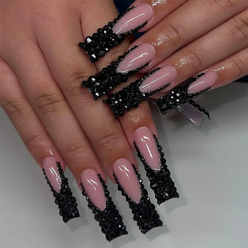 24Pcs Long Coffin French False Nails with Glue Bow Diamond Stick on Press on Acrylic Nails Black Ballerina Nail Art Manicure Tip