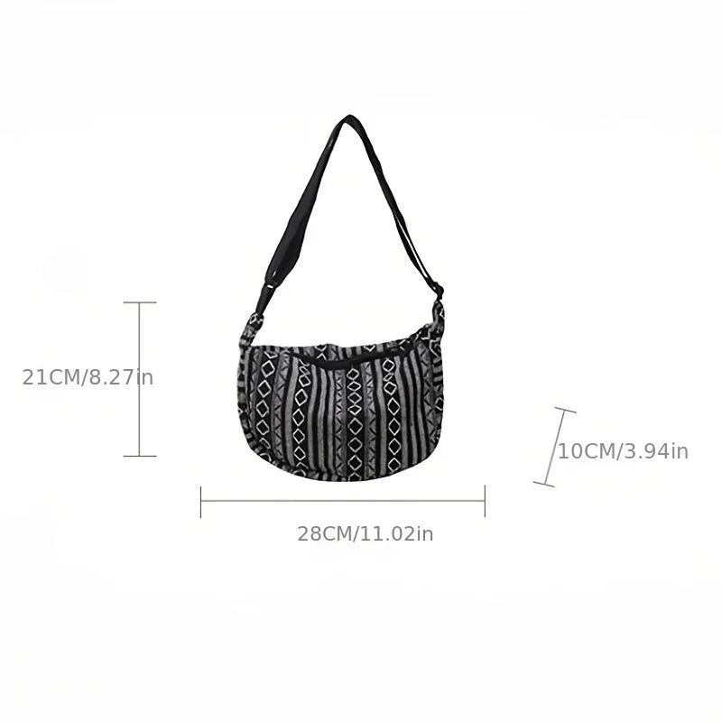Tribal Style Shoulder Bag, Foldable Crossbody with Zipper Closure, Striped Pattern, Edge Painted Lining