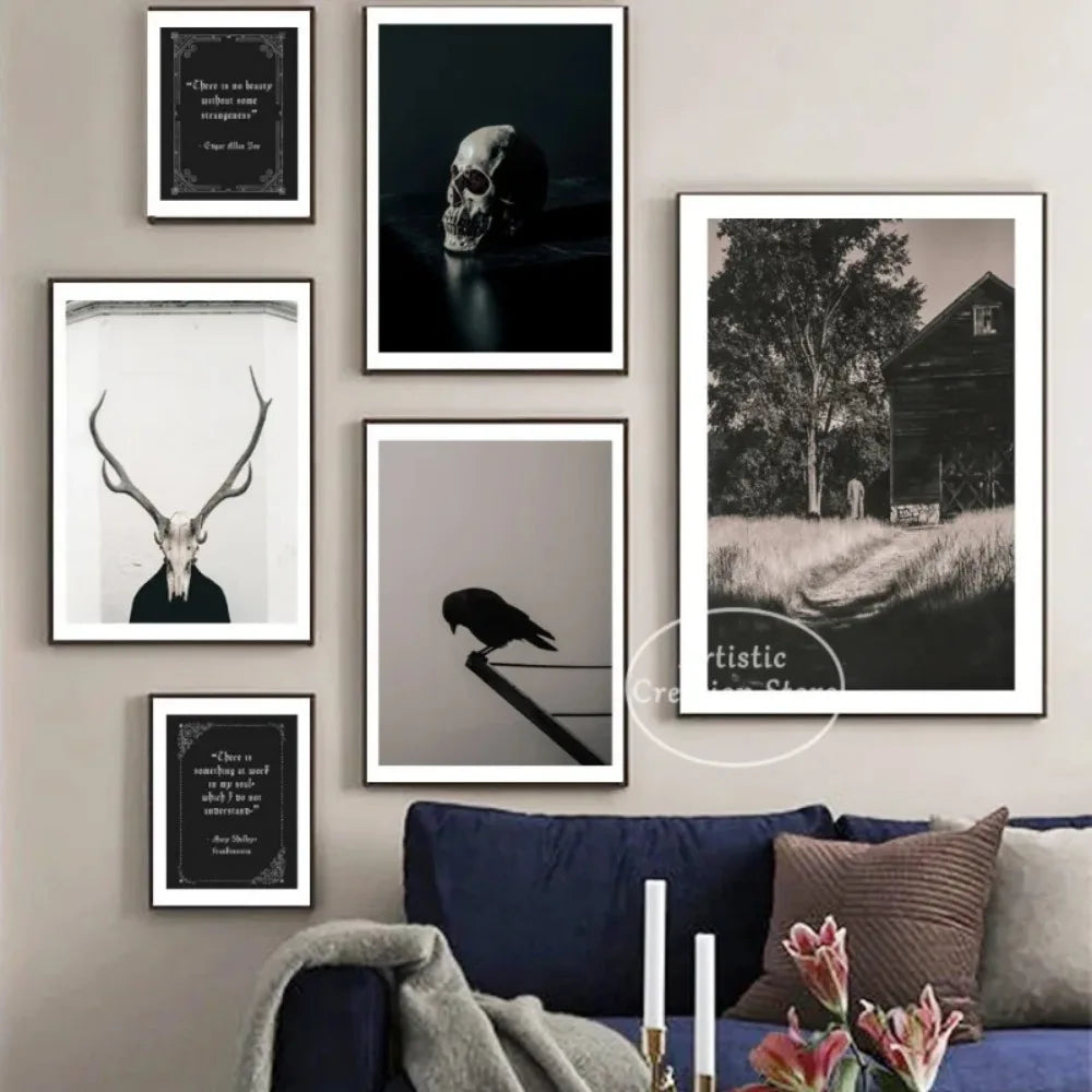 Dark Witchy Horror Goth Skull Crow Macabre Poster Art Canvas Painting Print Pictures Wall for Nordic Family Halloween Decoration
