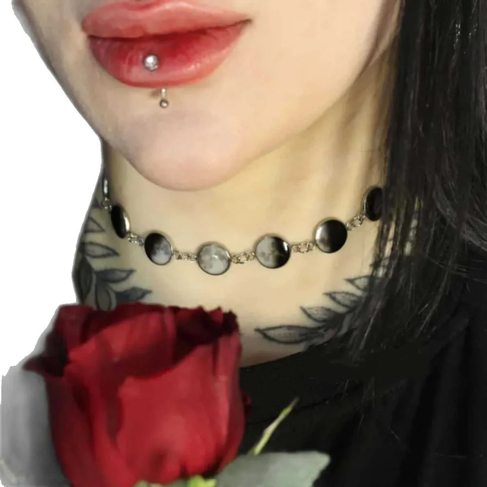 Gothic Y2k Moon Phase Choker Silver Tone Lunar Cycle Celestial Necklace for Women Witchy Wiccan Halloween Party Jewelry Gifts