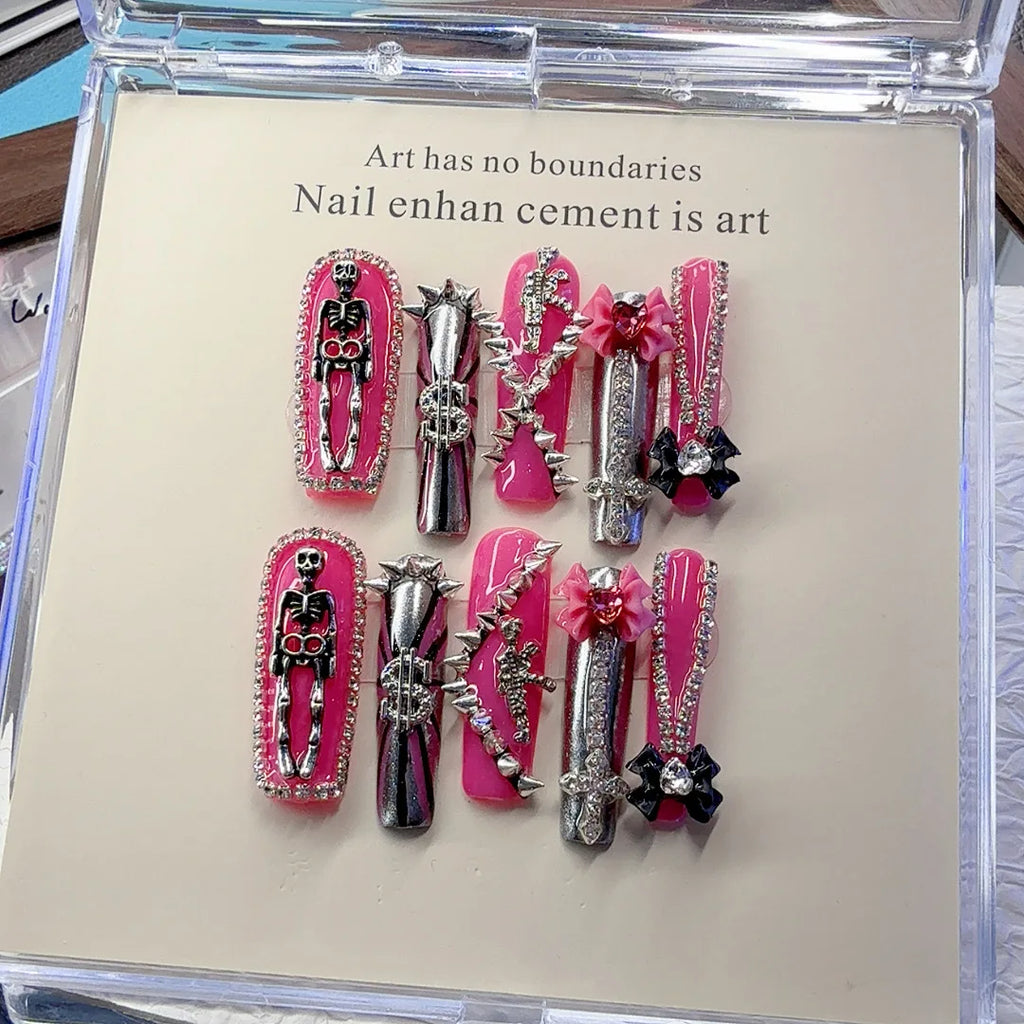 10pcs Handmade Gothic Punk Press on Nails Sweet Cool 3D Meatl Skull Fake Nails Wearable European Rhinestone Design False Nails