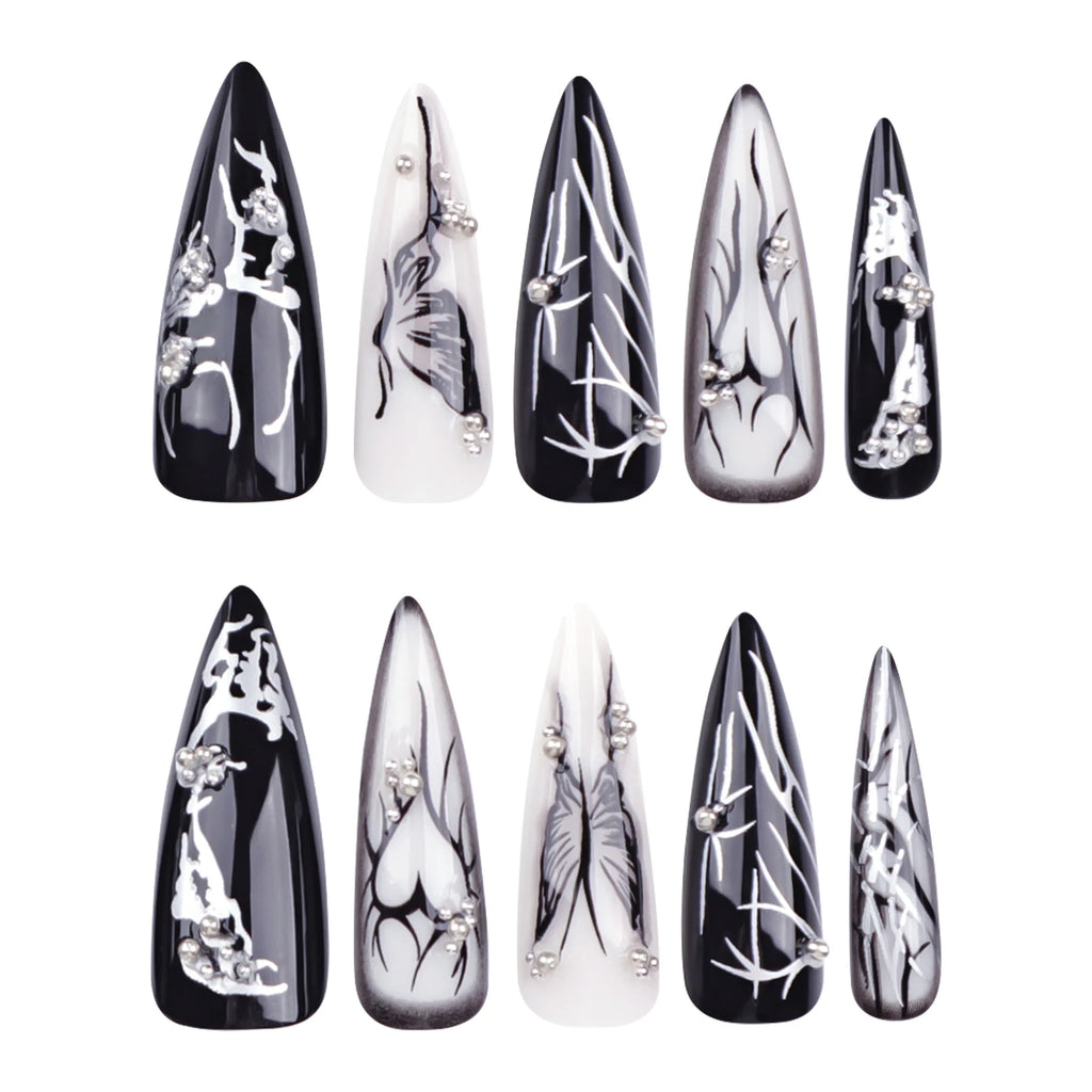 24Pcs Black Y2k Fake Nails with Diamond Halloween Long Almond False Nail Butterfly Design Wearable Oval Press on Nails Tips
