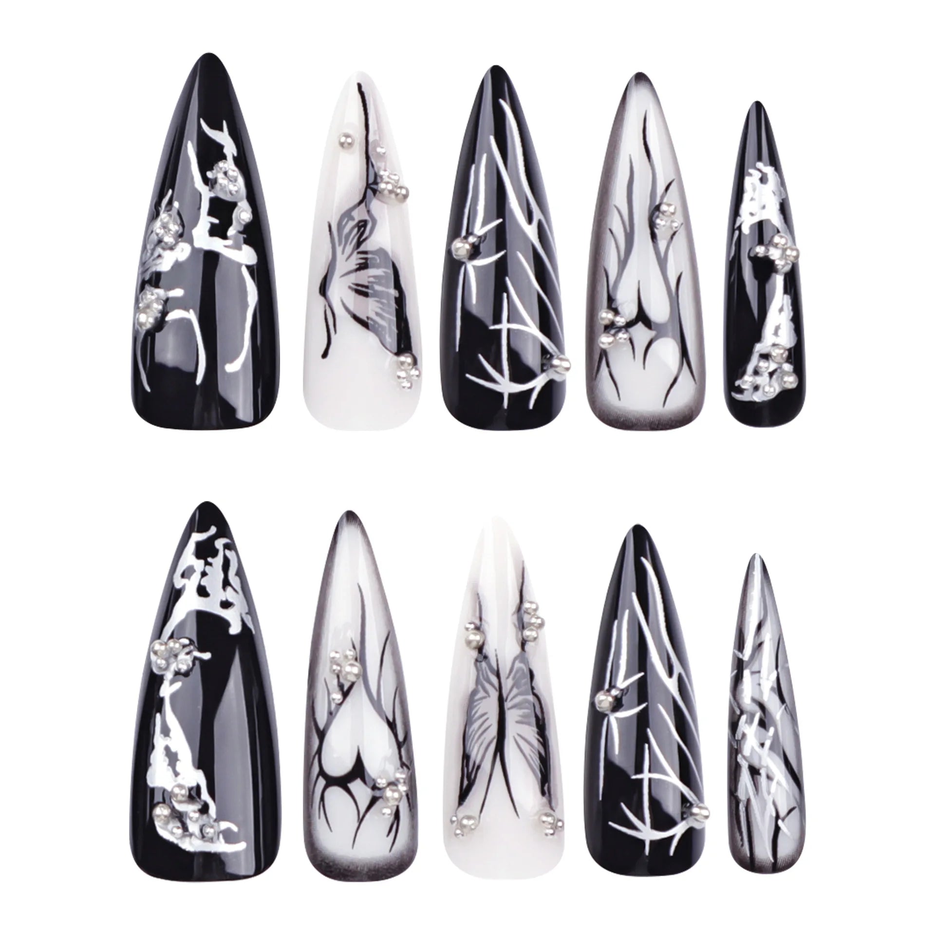 24Pcs Black Y2k Fake Nails with Diamond Halloween Long Almond False Nail Butterfly Design Wearable Oval Press on Nails Tips