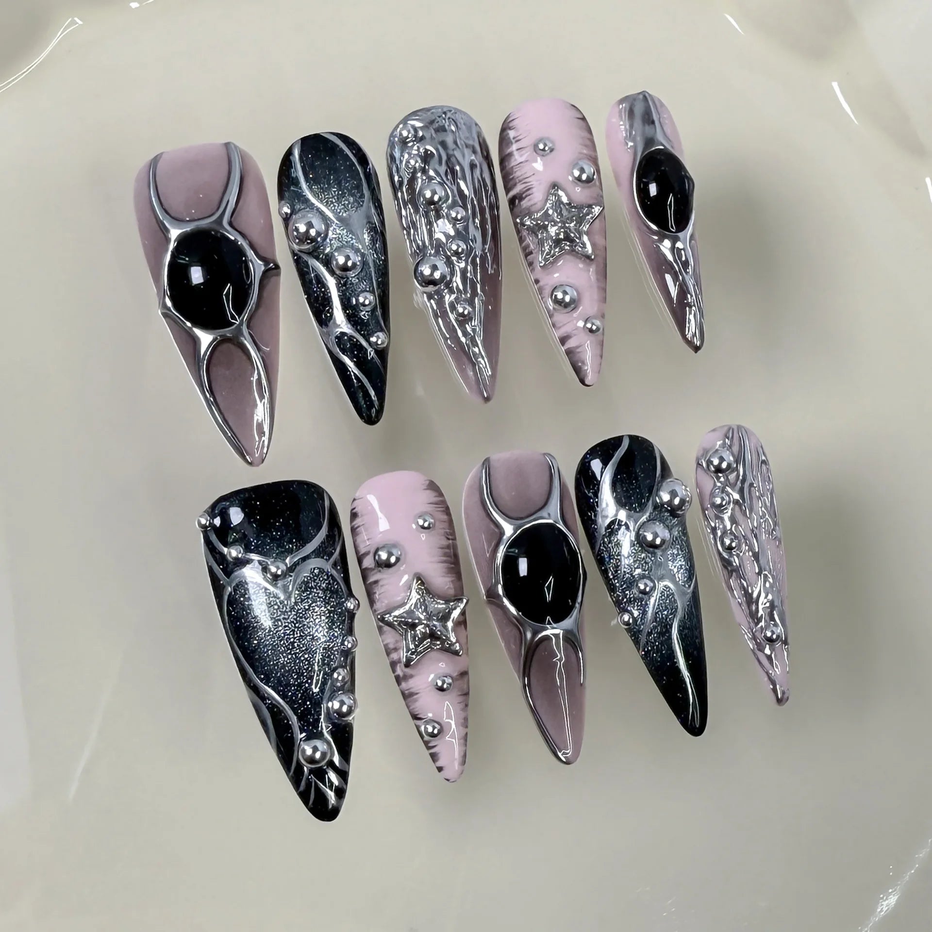 Long Stiletto Press on Fake Nails Blue Heart Diamond Bow Decoration False Nail Y2K Fashion Artificial Nail Handmade Acrylic Nail
