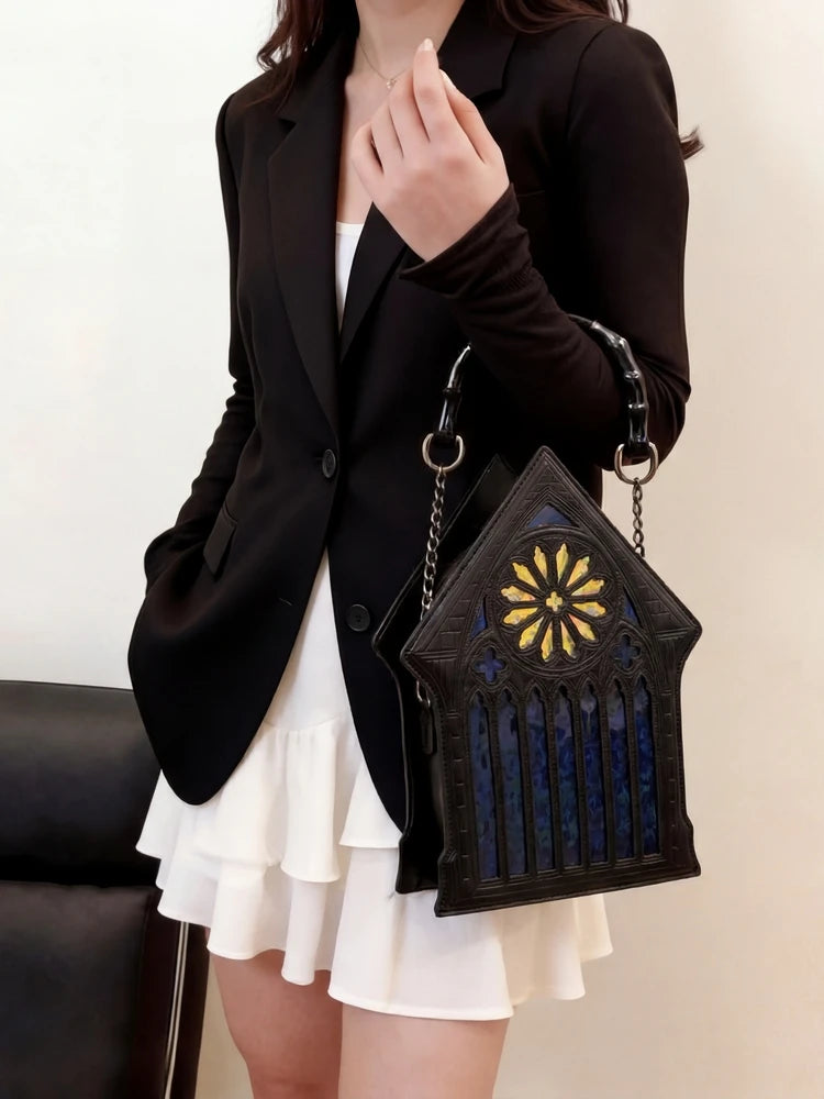 Niche Gothic Chapel Handbag for Women Unique Stained Glass Cathedral Tote Bag Bamboo Crossbody Bag for Dark Grunge Aesthetic