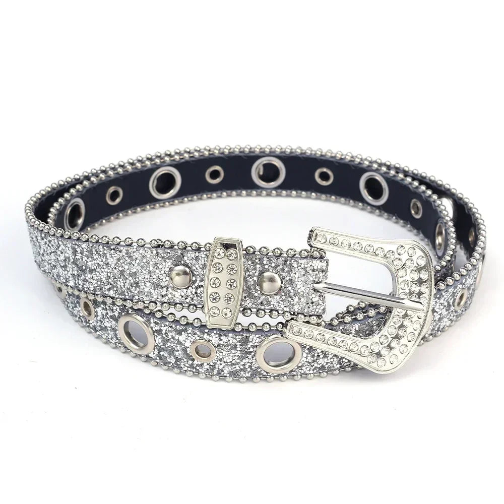 Y2K Fashion Punk Studded Full Rhinestone Belt PU Leather Bling Crystal Adjustable Glitter Waistband for Club Party Girls Gifts