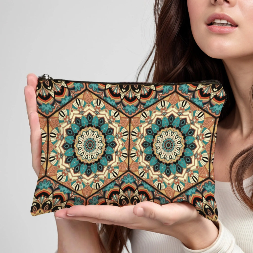 Ethnic Bohemia Art Mandala Zipper Pouch Cosmetic Bag Symmetrical Geometric Florals Blue Brown Beige Soft Canvas Zipper Closure