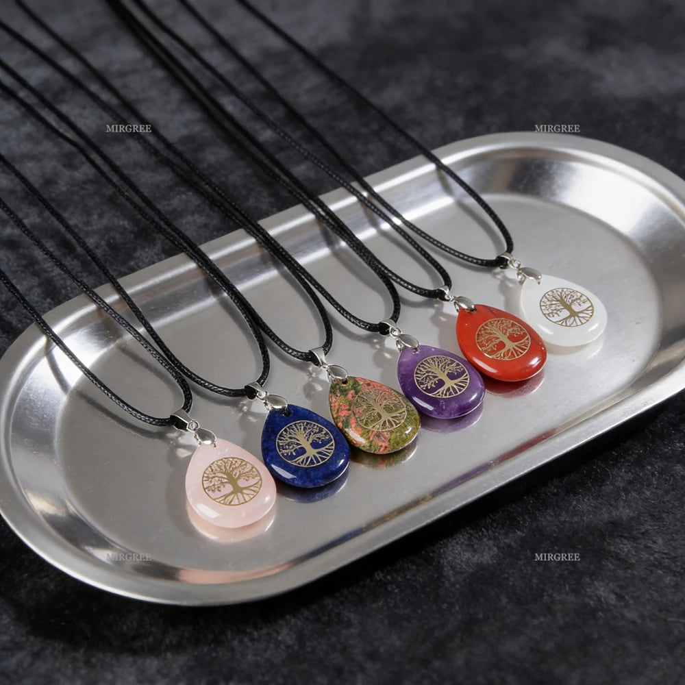 1pc Natural Gemstone Tree of Life Water Drop Pendant Necklace Spiritual Jewelry Birthday and Holiday Gift Jewelry