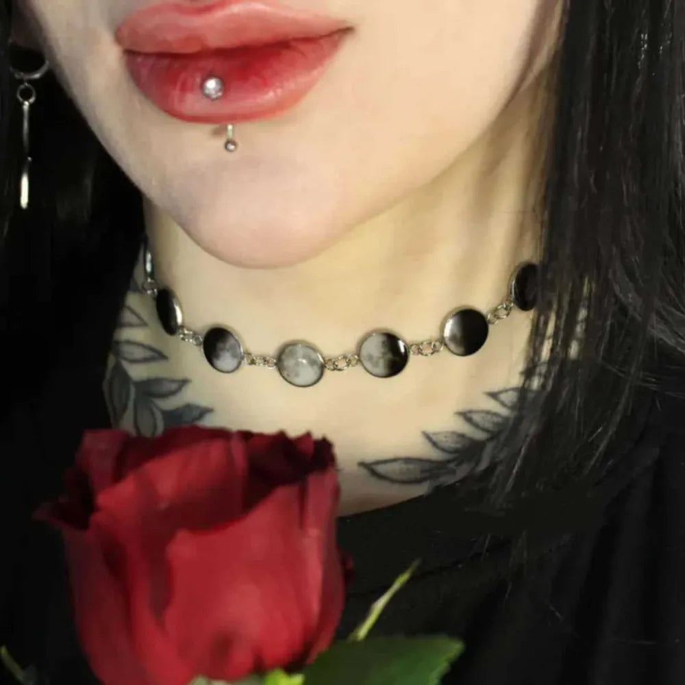 Gothic Y2k Moon Phase Choker Silver Tone Lunar Cycle Celestial Necklace for Women Witchy Wiccan Halloween Party Jewelry Gifts