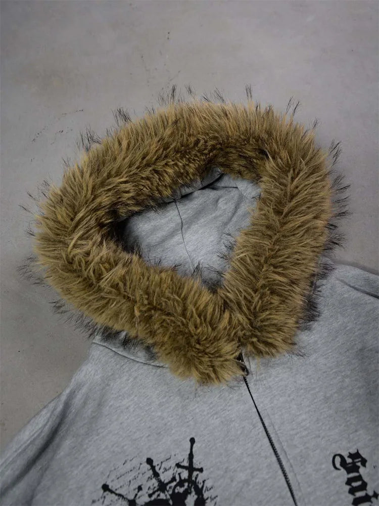 Winter Fashion Streetwear Women's Gothic Printed Faux Fur Hooded Jacket Trendy Edgy Zip - Up Sweatshirt 2026 New Arrival